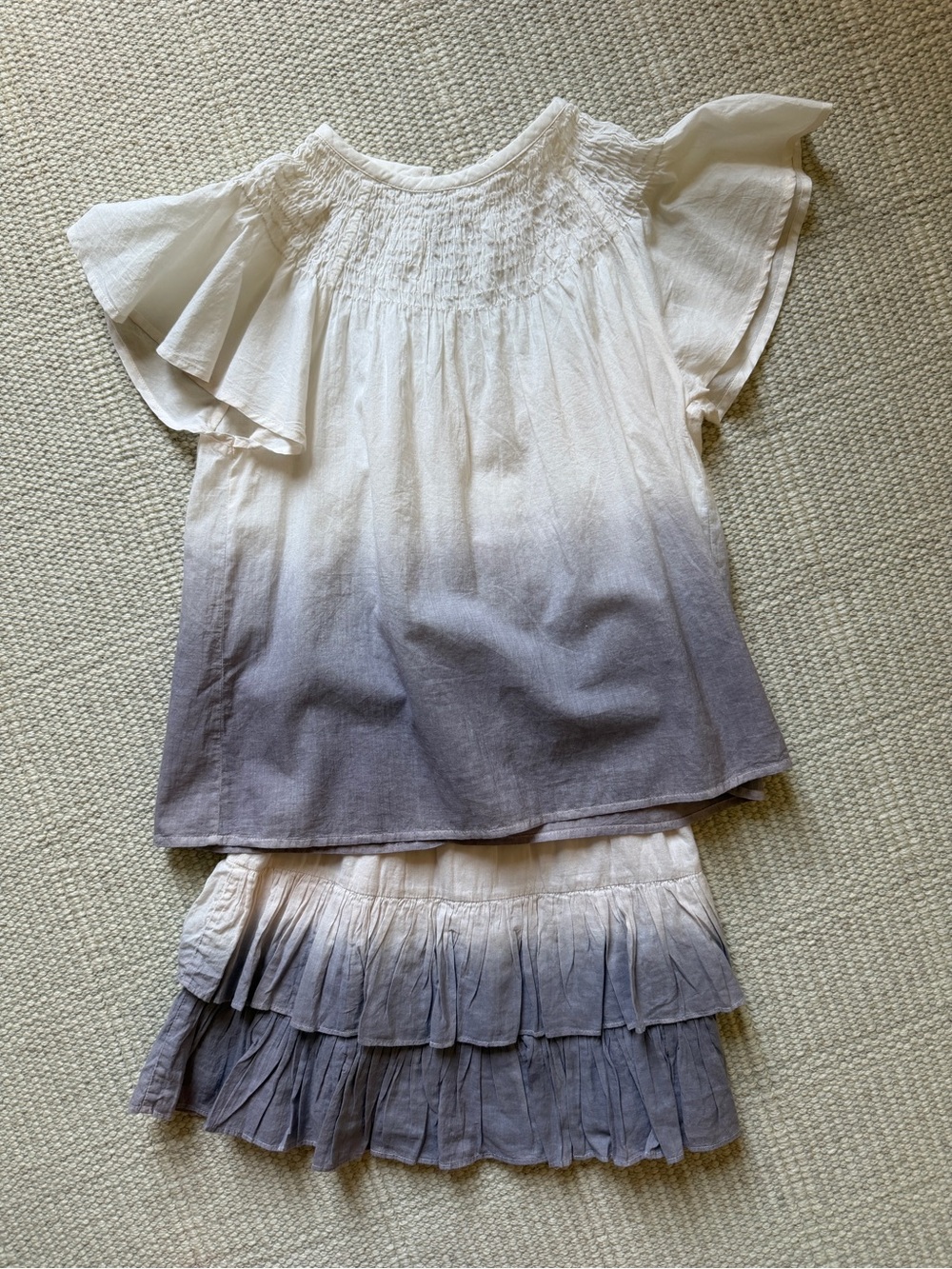 Girls White-to-Gray Dip-Dye Ruffle Top & Skirt Set
